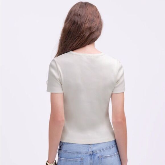 Madewell NWT Slim Fit Garment-Dyed Ribbed Crewneck Pocket Tee Size Medium Ivory - Picture 4 of 13